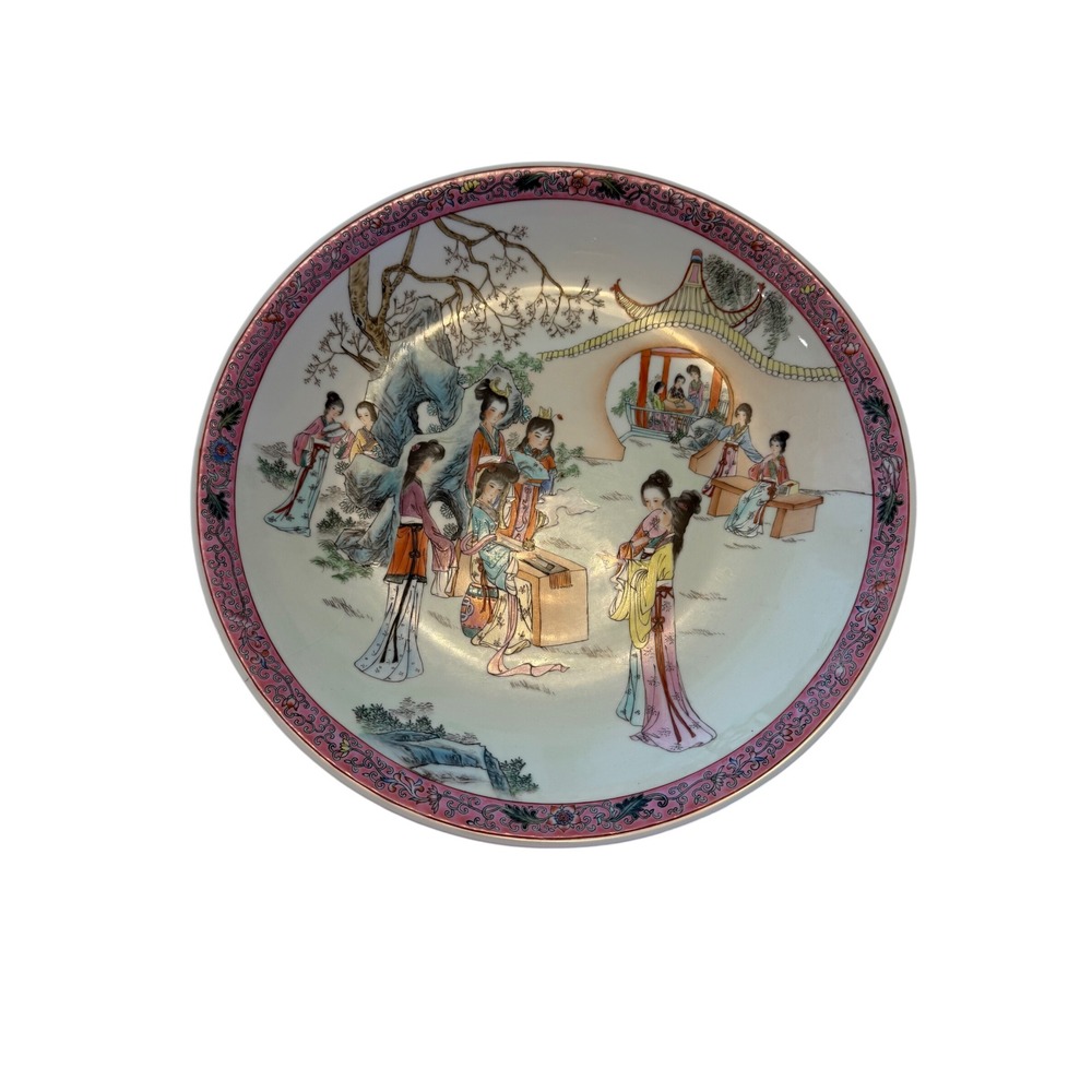 Vintage Jingdezhen Chinese Porcelain Bowl 14" Famille Rose Geisha Garden Scene